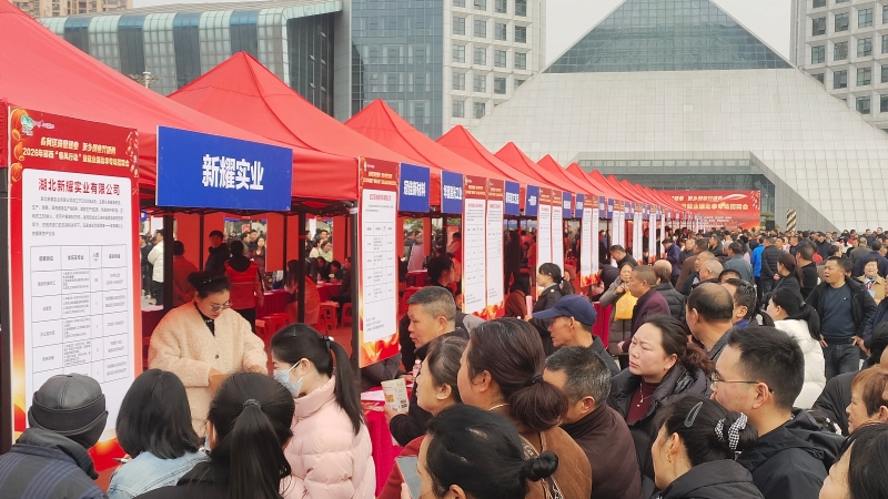 郧西县天河广场“春风行动”暨返乡创业就业专场招聘会现场。徐光意摄