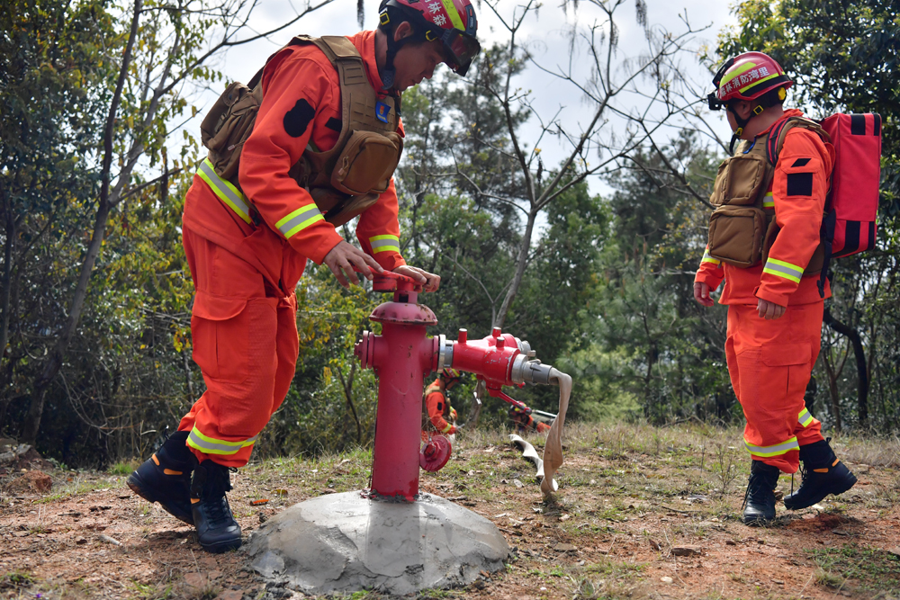 南昌市湾里的蟠龙峰，森林消防员可利用铺设到山顶的消防栓对森林火情进行扑救。人民网记者 时雨摄